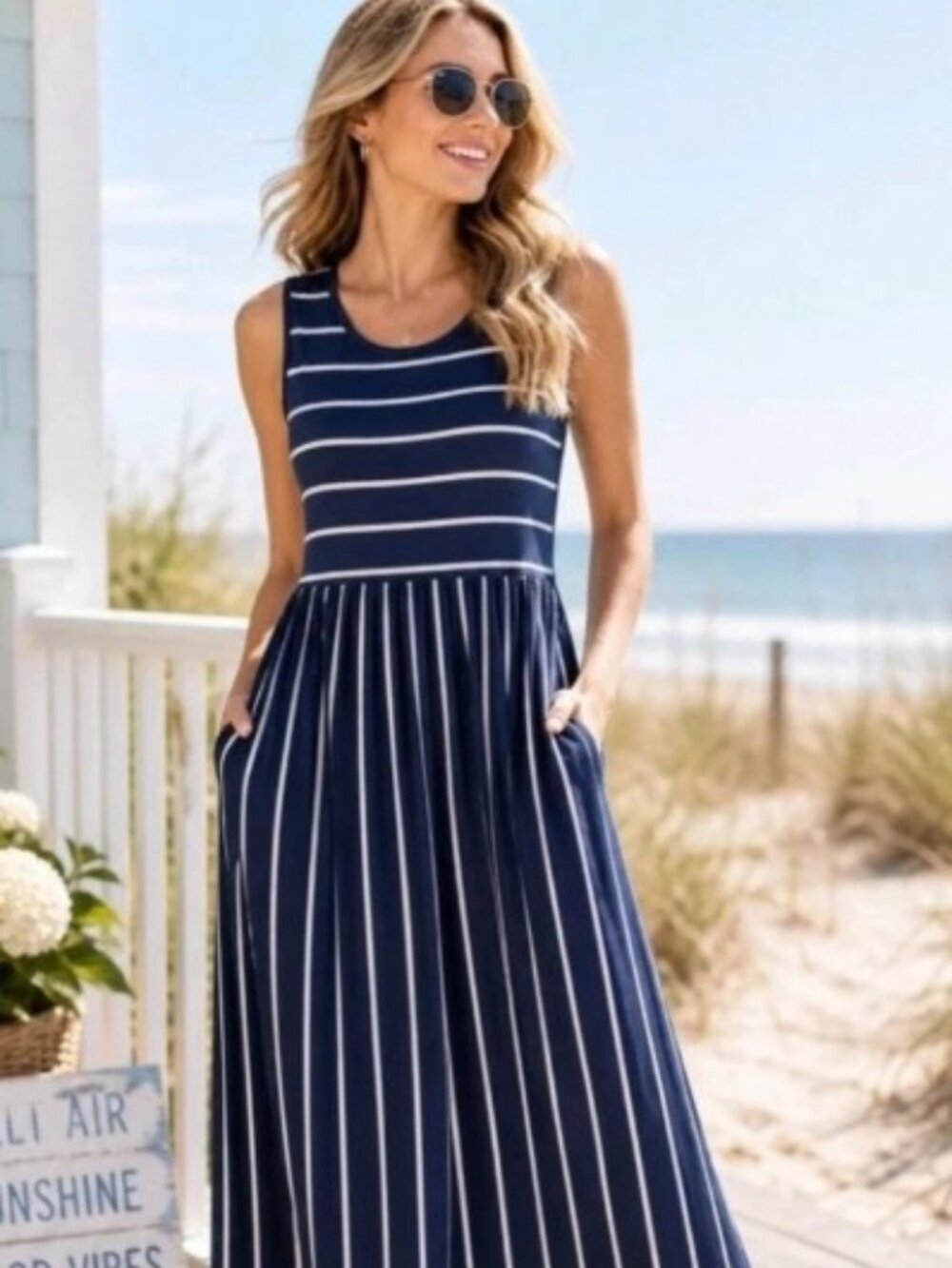 Venus Navy & White Striped Maxi Dress Cinch Waist w/ Pockets Womens Size XS